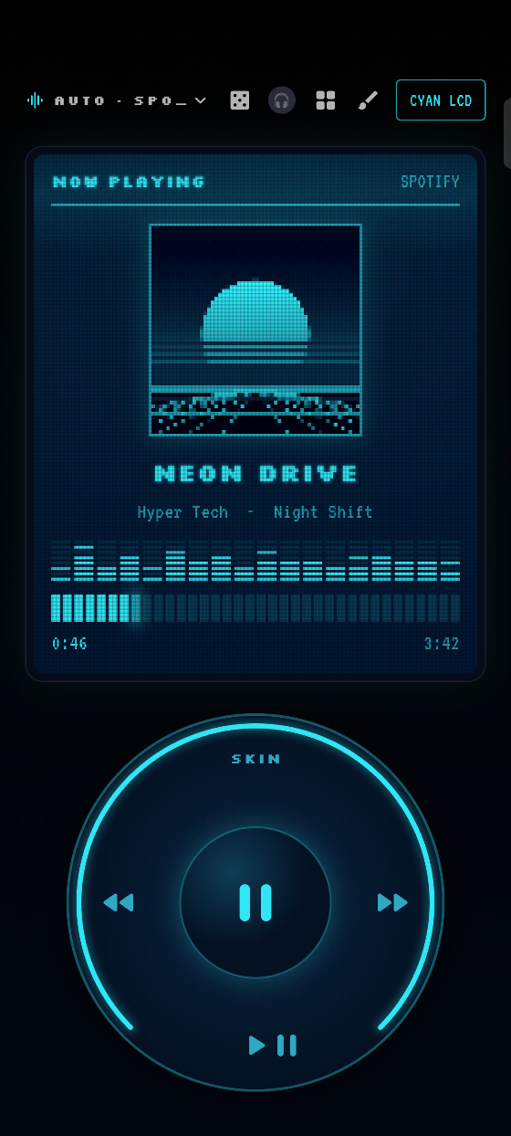 The Cyan LCD look in the app: a glowing pixel screen with the song and an equaliser