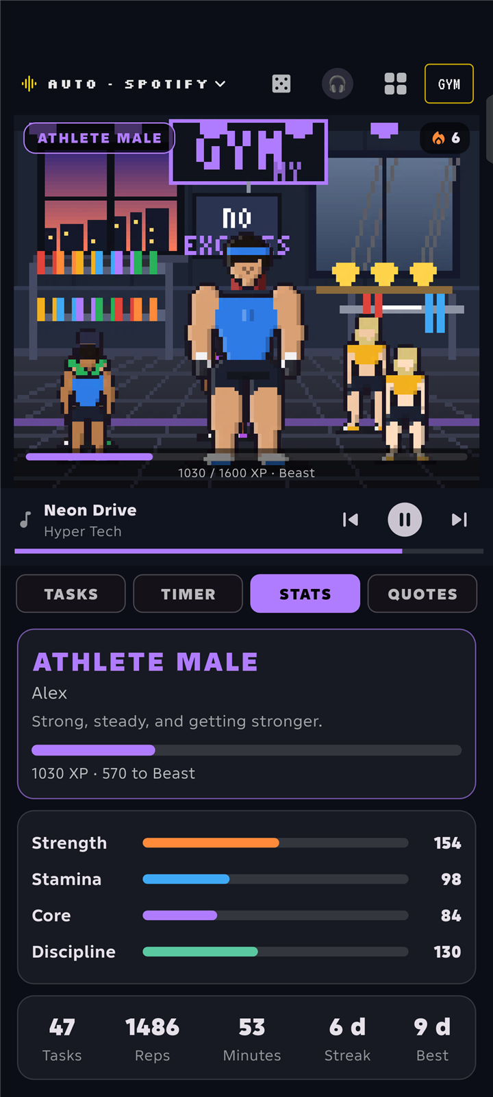 The stats page: Athlete Male level, Strength, Stamina, Core and Discipline bars, and totals