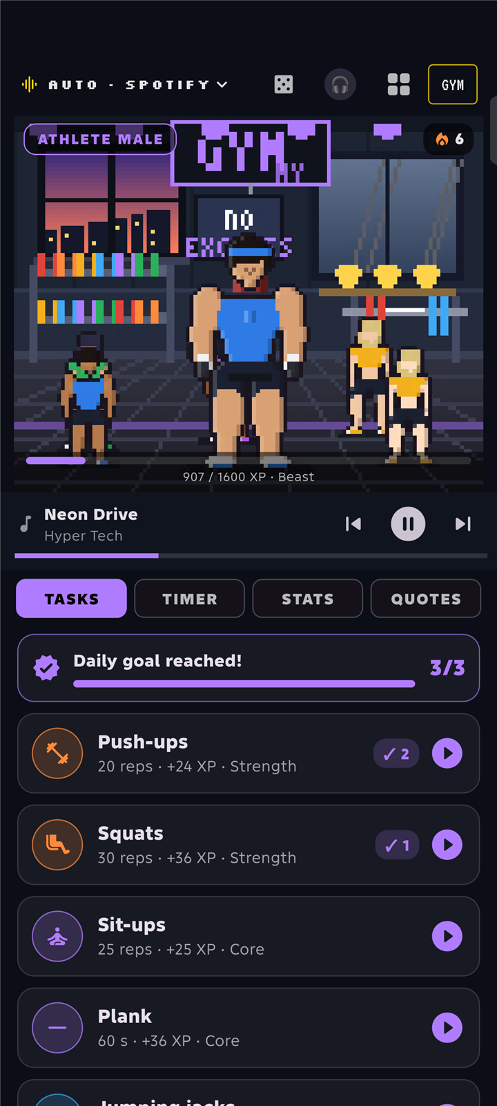 The GYM tasks list: a daily goal bar and push-ups, squats, sit-ups and plank, each with reps and XP