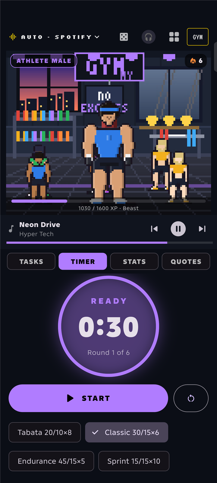 The workout timer with Tabata, Classic, Endurance and Sprint presets, while the music keeps playing
