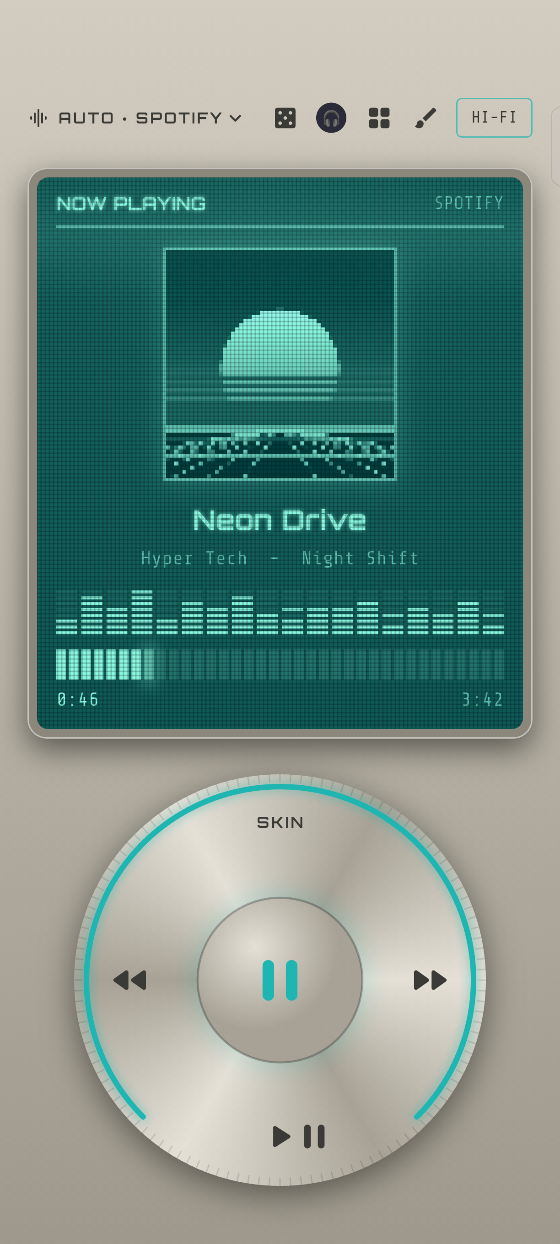The Hi-Fi look in the app: brushed metal and a teal display