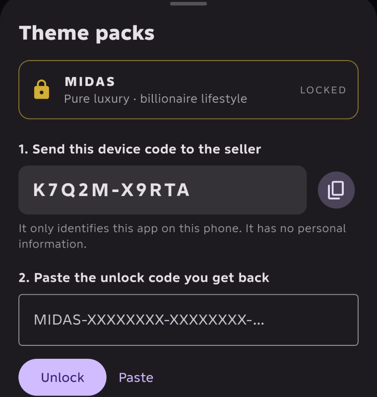 The app's Theme packs screen: MIDAS is locked, with the phone's device code and a box to paste the key